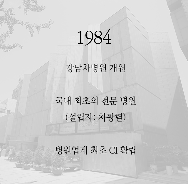 1984 강남차병원 개원, 국내 최초의 전문 병원(설립자: 차광렬) 병원업계 최초 CI 확립