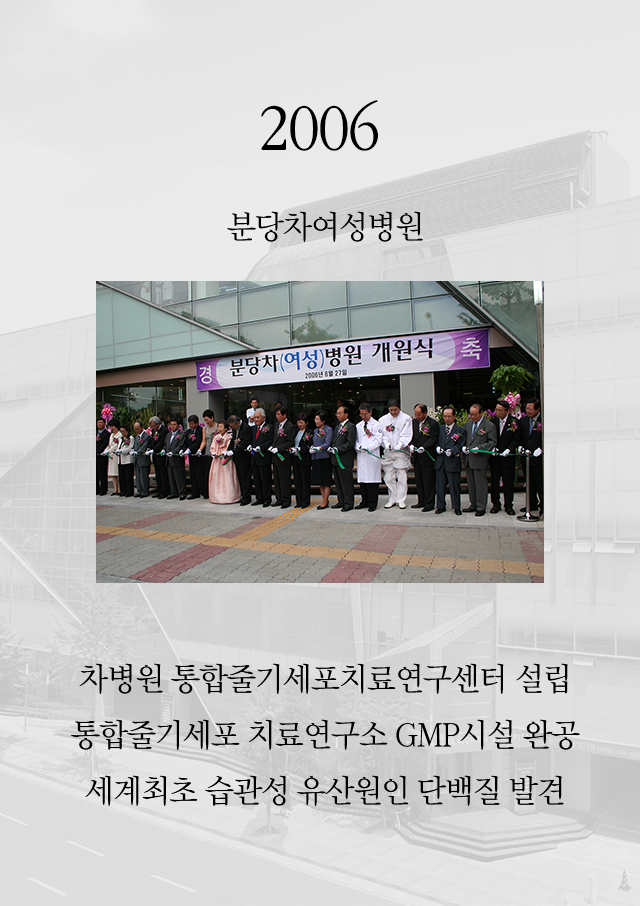 2006 분당차여성병원 차병원 통합줄기세포치료연구센터 설립 통합줄기세포 치료연구소 GMP시설 완공