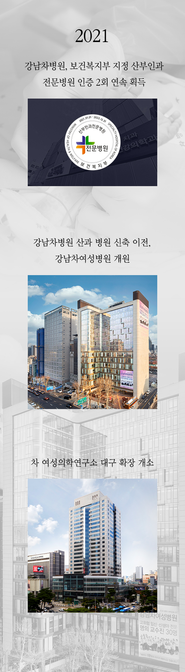 강남차병원, 보건복지부 지정 산부인과 전문병원 인증 2회 연속 획득 / 강남차여성병원 개원/차 여성의학연구소 대구 확장 개소